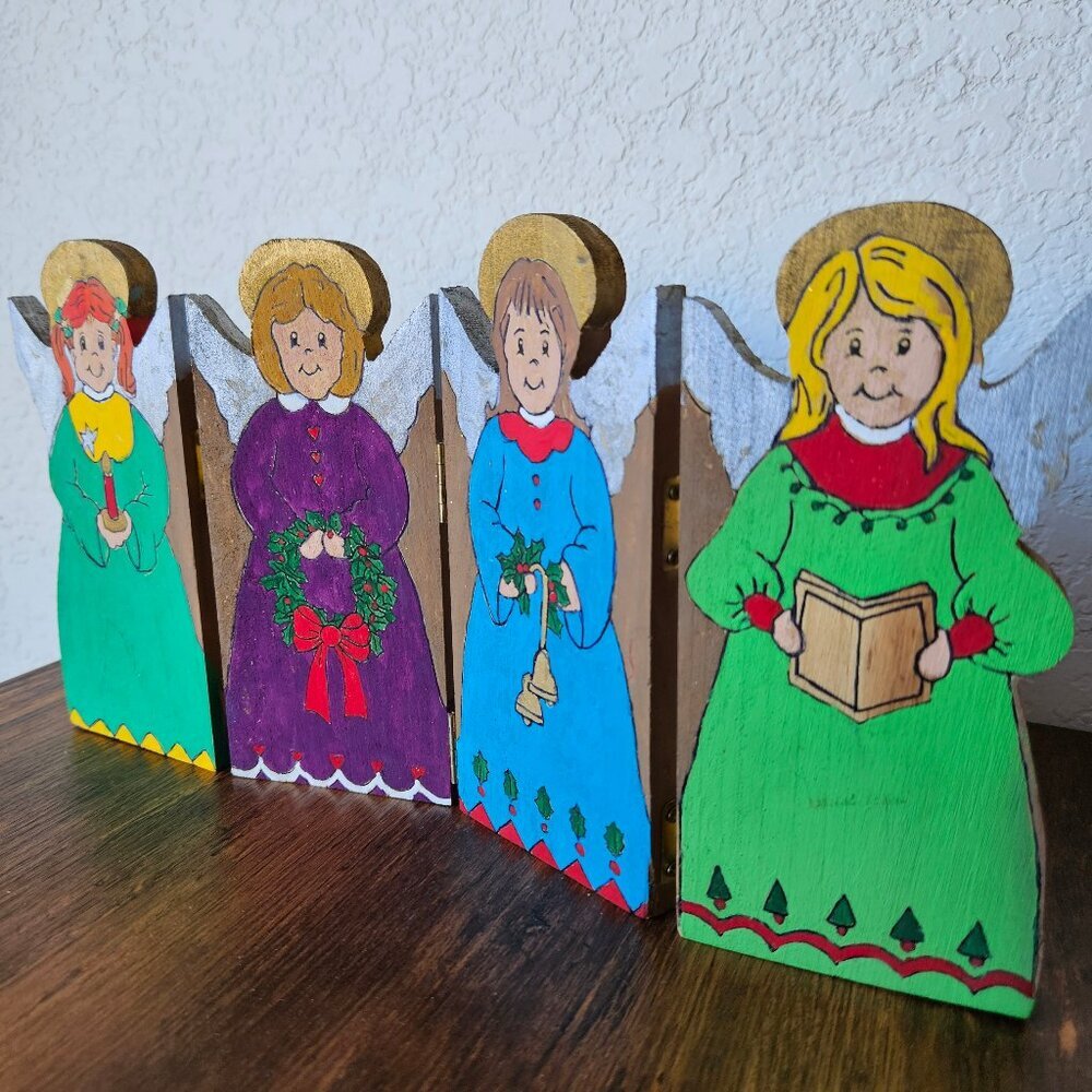 Vintage 70s 80s Handmade Wooden Hand Painted Singing Angels Christmas Decor - Picture 2 of 5